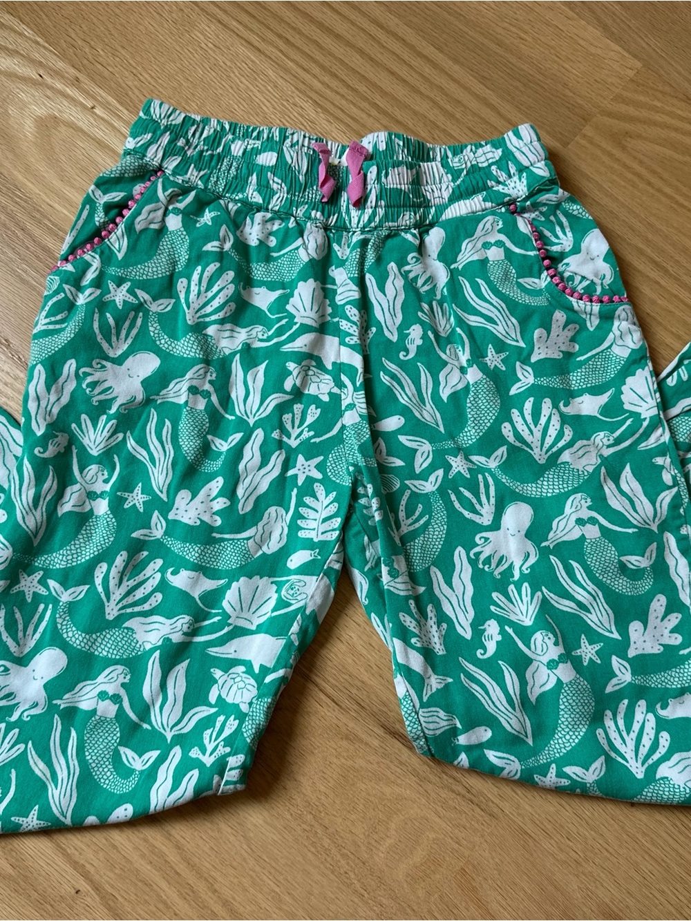 Mini Boden Green Mermaid Print Pants with Pink Trim 8Y
